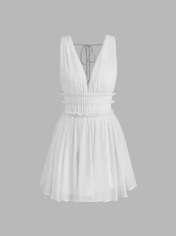 V-Ausschnitt Geknotetes Shirred Minikleid
