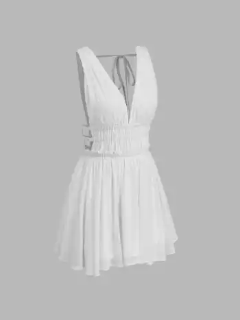 V-Ausschnitt Geknotetes Shirred Minikleid