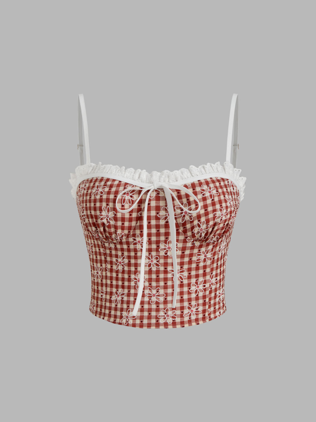 Check Floral Broderie Anglaise Trim Knotted Crop Cami Top