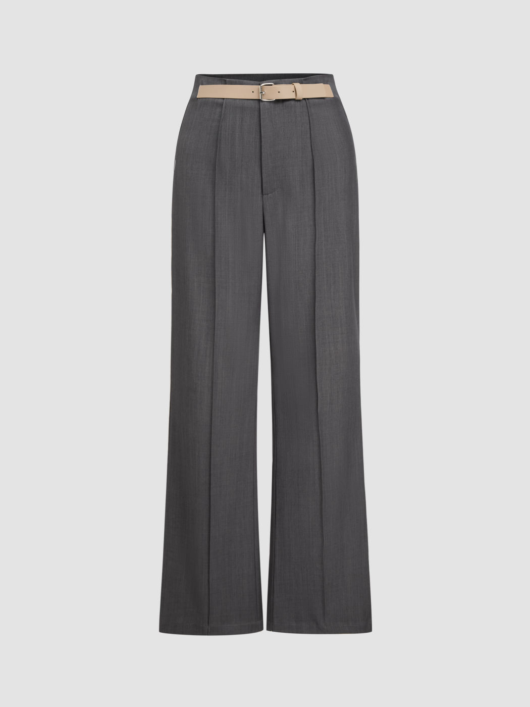 Mid Rise Belted Pleated Straight Leg Trousers