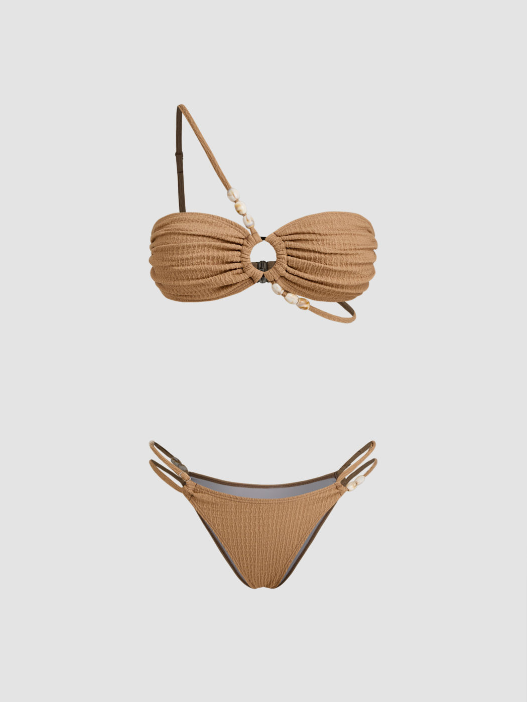 Asymmetrical Neck Beaded O-Ring Texture Bracelet Cheeky Bikini Set