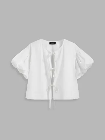 100% Baumwolle Shirt mit Frontbinde und Blasenärmeln Kurve & Plus