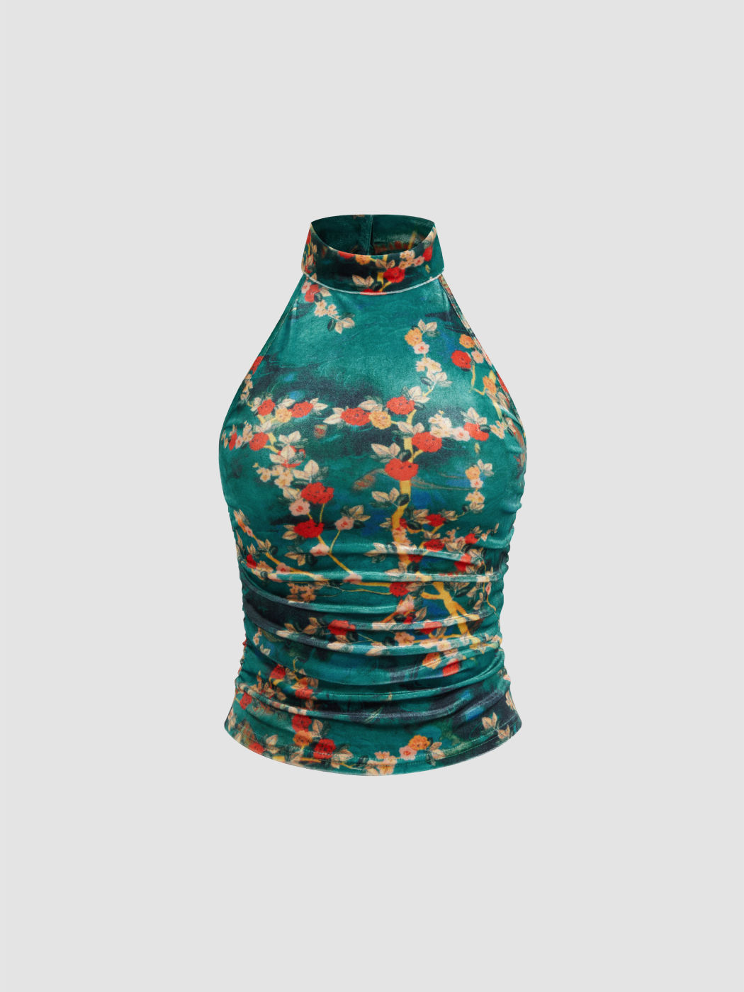 Velvet Stand Collar Floral Ruched Tank Top