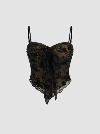 Mesh-V-Ausschnitt Blumenmuster Kopfkantenbesatz Knoten Crop Cami Oberteil