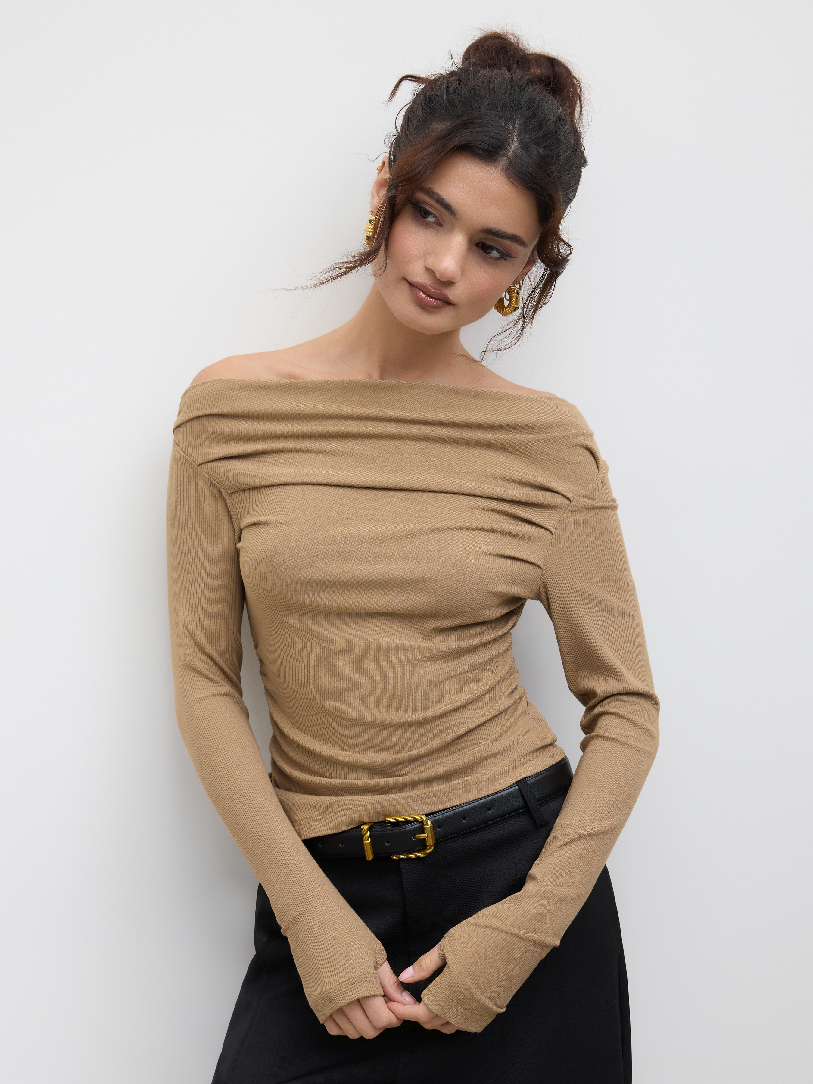 City Chic Knit Fabric Solid Asymmetrical Neck Long Sleeve City Chic Knit Fabric Solid Asymmetrical Neck Long Sleeve