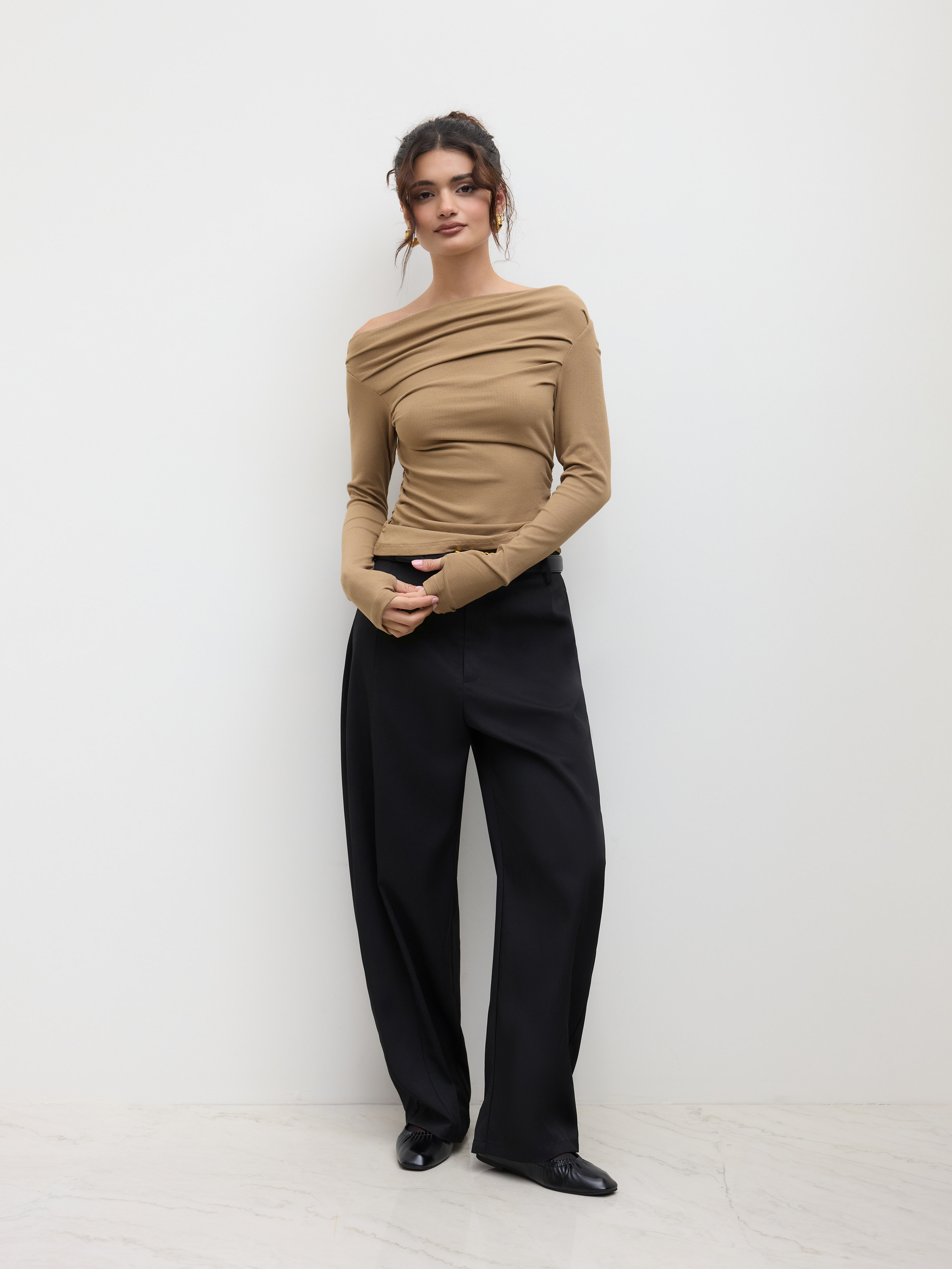 City Chic Knit Fabric Solid Asymmetrical Neck Long Sleeve