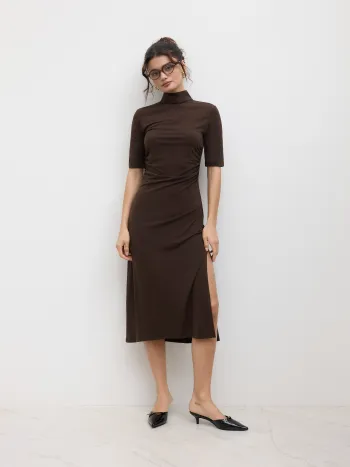 High Neck Ruched Split Backless Midi Dress