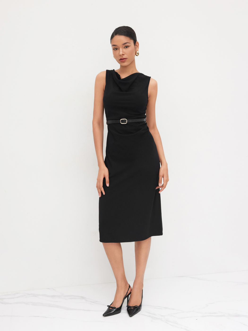 Cowl Neck Ruched Midi Dress With Belt 