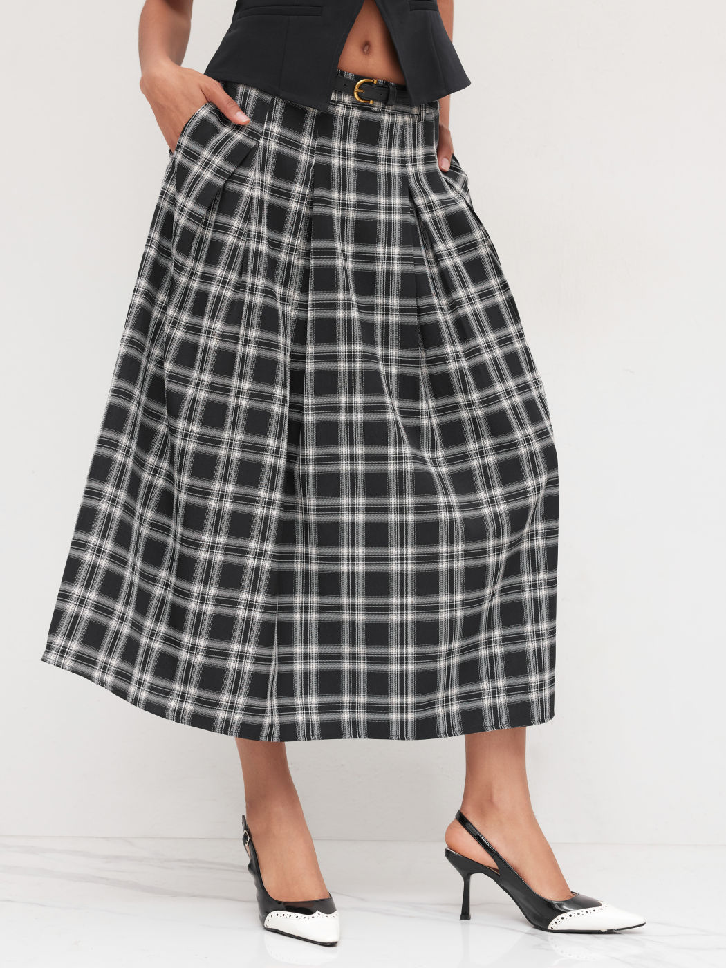 Mid Rise Plaid Pleated Maxi Skirt With Belt