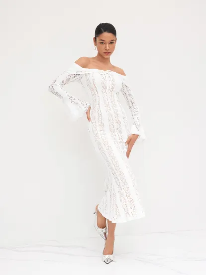 Cowl Neck Bell Sleeve O-Ring Ruched Ruffle Hem Midi Dress