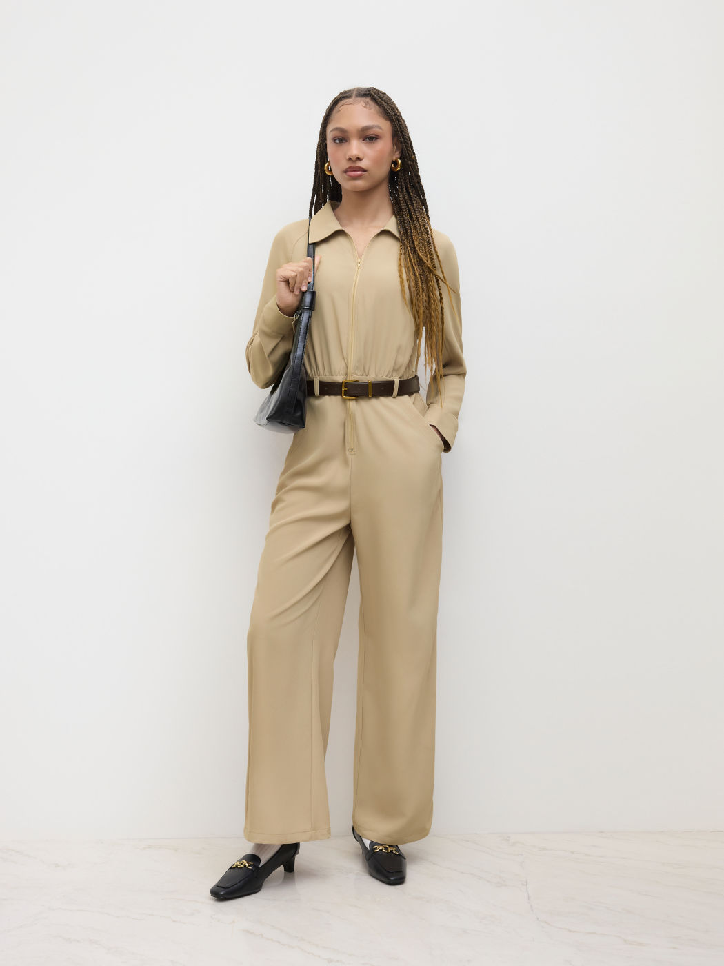 Zip Through Polo Jumpsuit With Belt