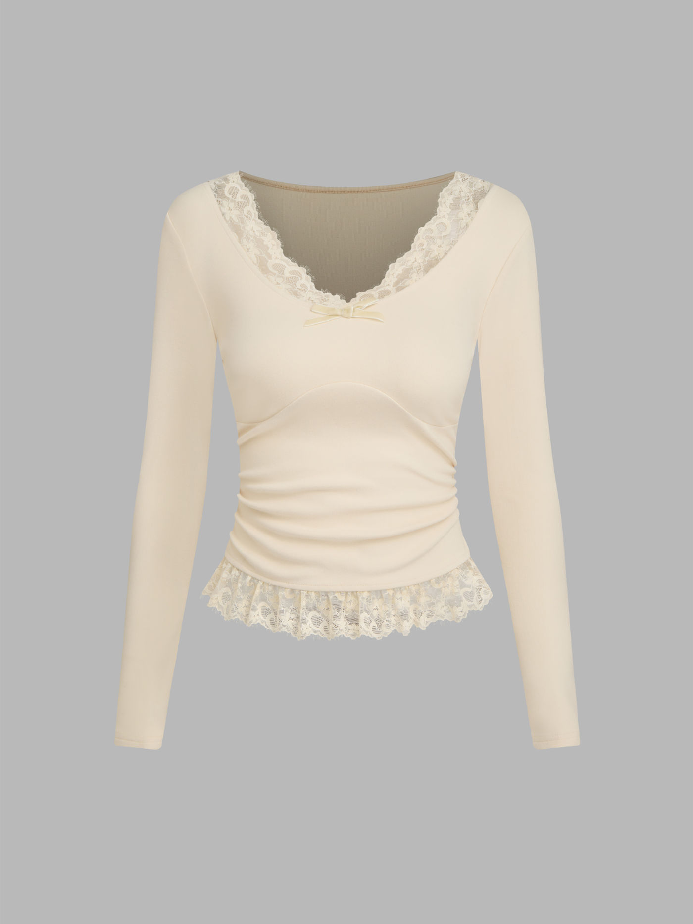 V-neck Lace Trim Bowknot Ruched Top
