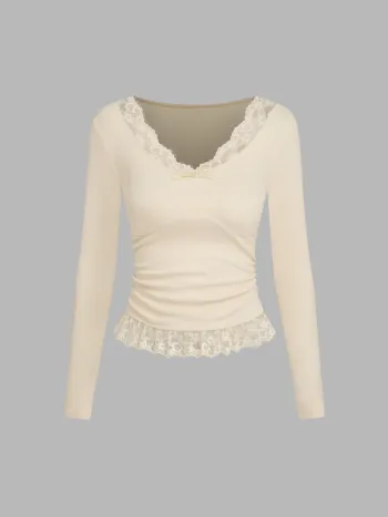 V-neck Lace Trim Bowknot Ruched Top