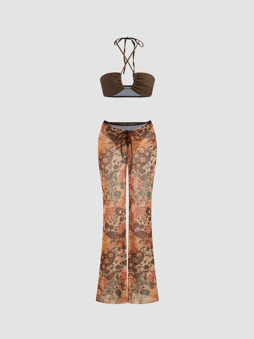 Halter Neckline Criss Cross Cheeky Bikini Set With Floral Cover Up Pants