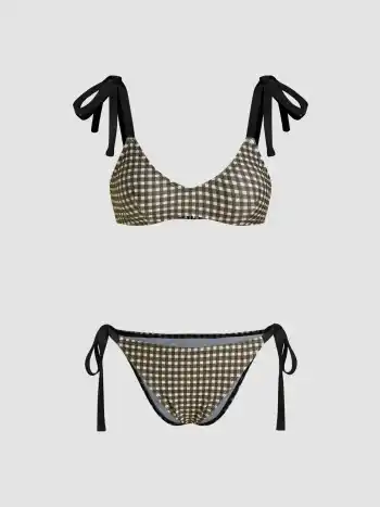 Set bikini con scollo a U e braccialetto con fiocco in percalle, lato cravatta