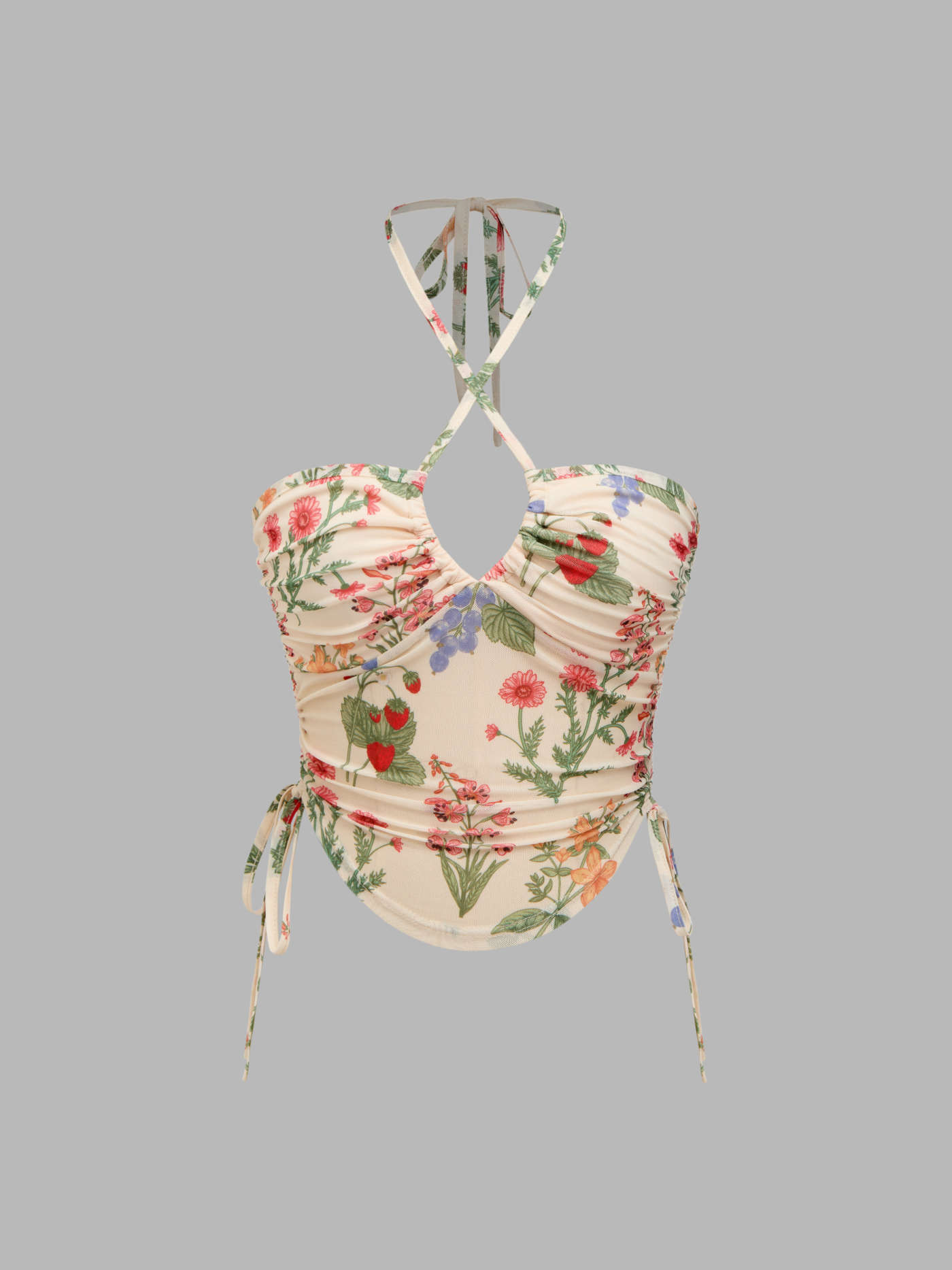 Mesh Mesh Floral Ruched Drawstring Crop Bandeau Top With Adjustable Straps For Vacation