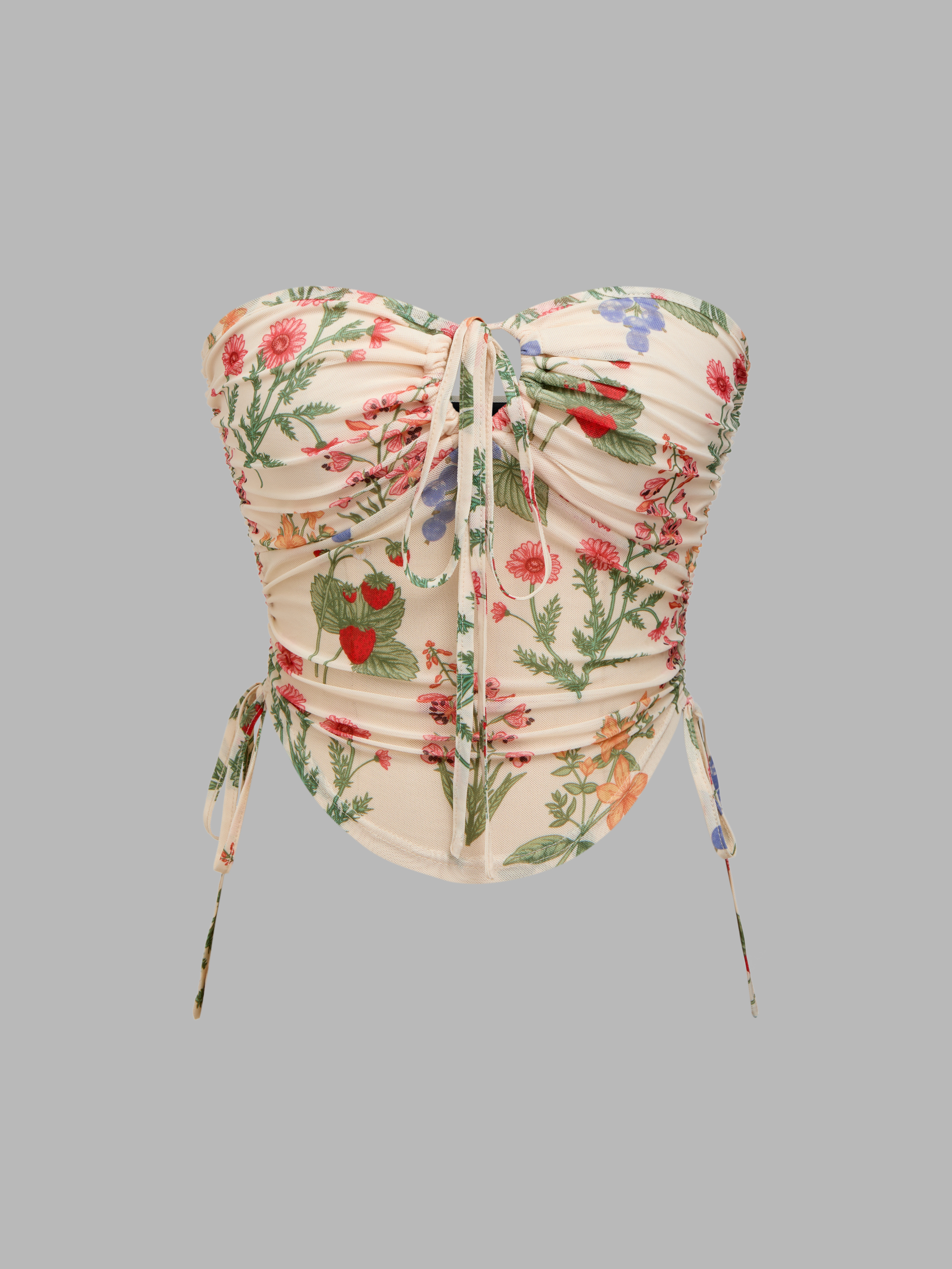 Mesh Mesh Floral Ruched Drawstring Crop Bandeau Top With Adjustable Straps For Vacation