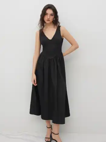 Baumwollmix V-Ausschnitt Rüschen Maxikleid