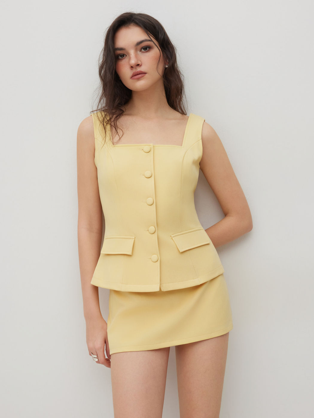 Square Neck Waistcoat & Mid Rise Mini Skirt