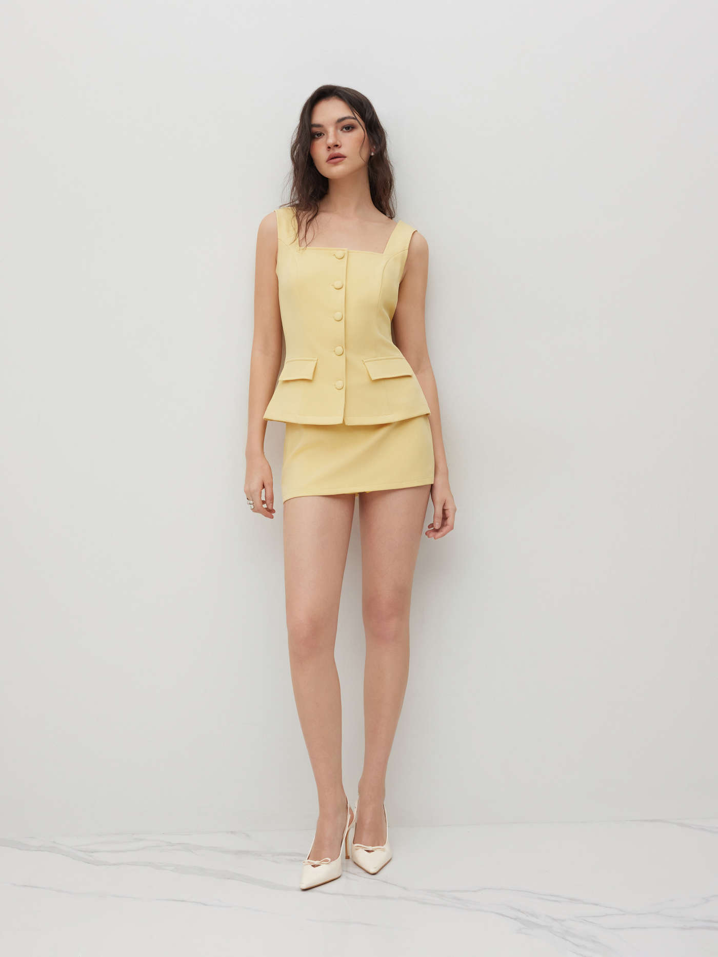 Square Neck Waistcoat & Mid Rise Mini Skirt