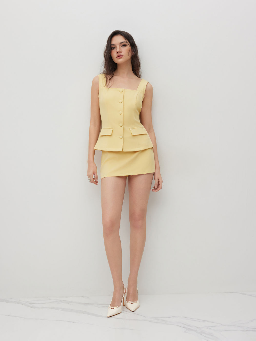 Square Neck Waistcoat & Mid Rise Mini Skirt