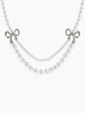 DOUBLE LAYERED RHINESTONE BOWKNOT & FAUX PEARL  NECKLACE