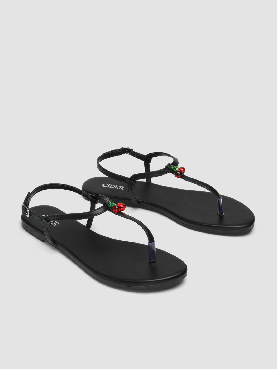 ADJUSTABLE STRAP CHERRY FLIP-FLOP FAUX LEATHER SANDALS