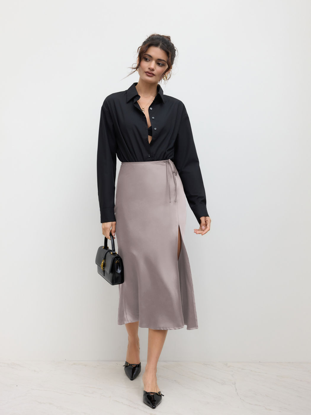 Satin Mid Rise Split Knotted Midi Skirt