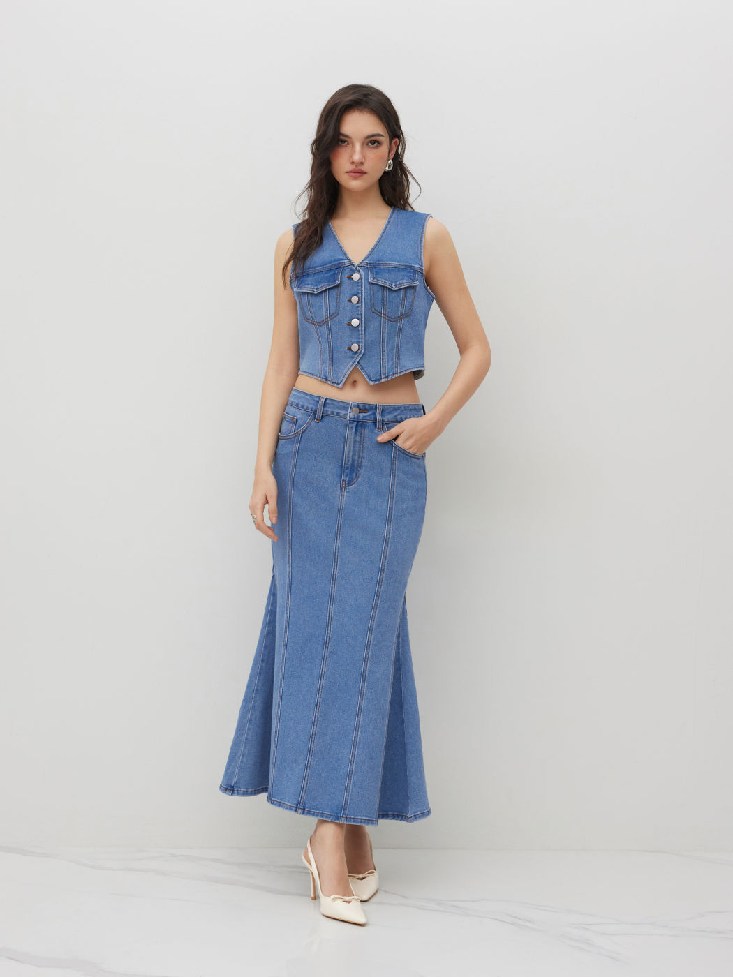 High Stretch Cider Denim Mid Rise Mermaid Maxi Skirt