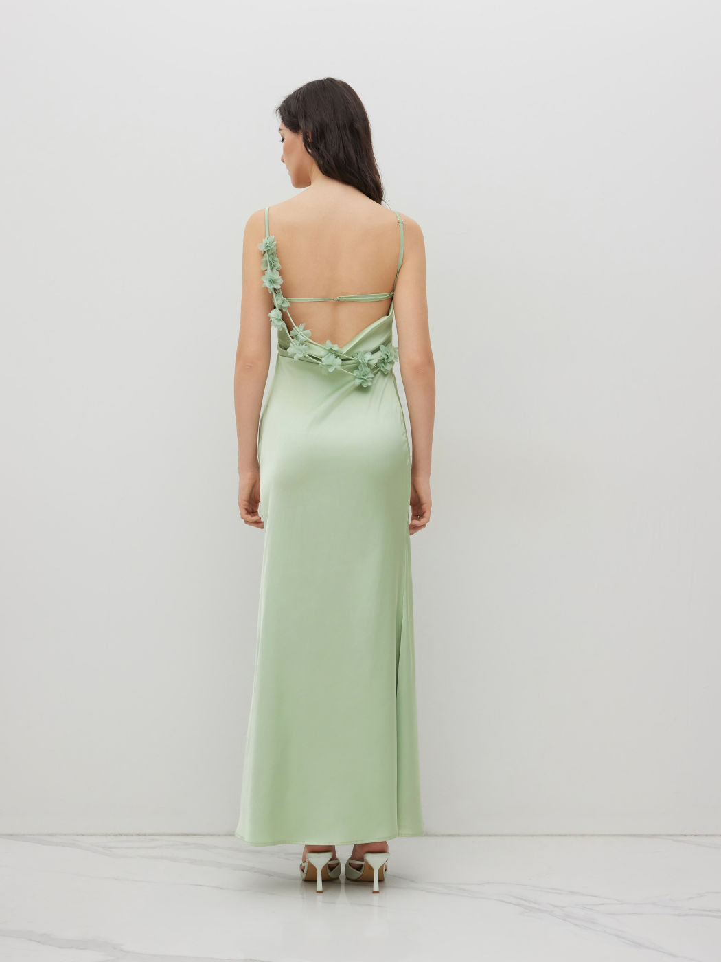 Satin-Cowl-Hals 3D-Blumen-Rouché-Mermaid-Maxikleid