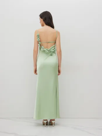 Satin Cowl Neck 3D Floral Ruched Mermaid Maxi Dress