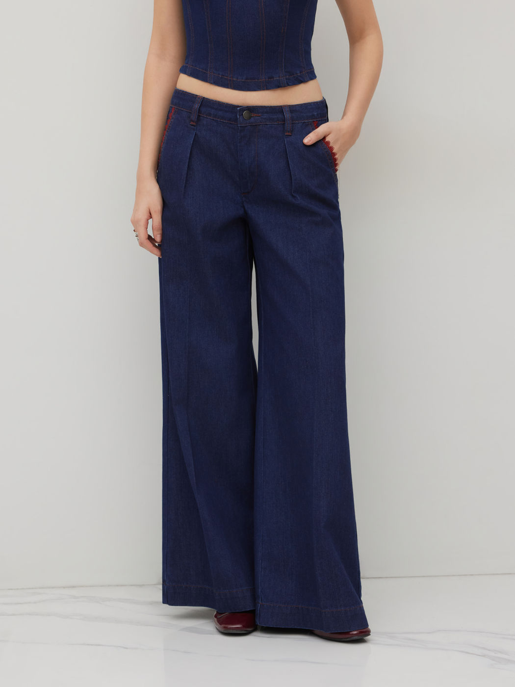 Denim Low Rise Lettuce Trim Wide Leg Jeans