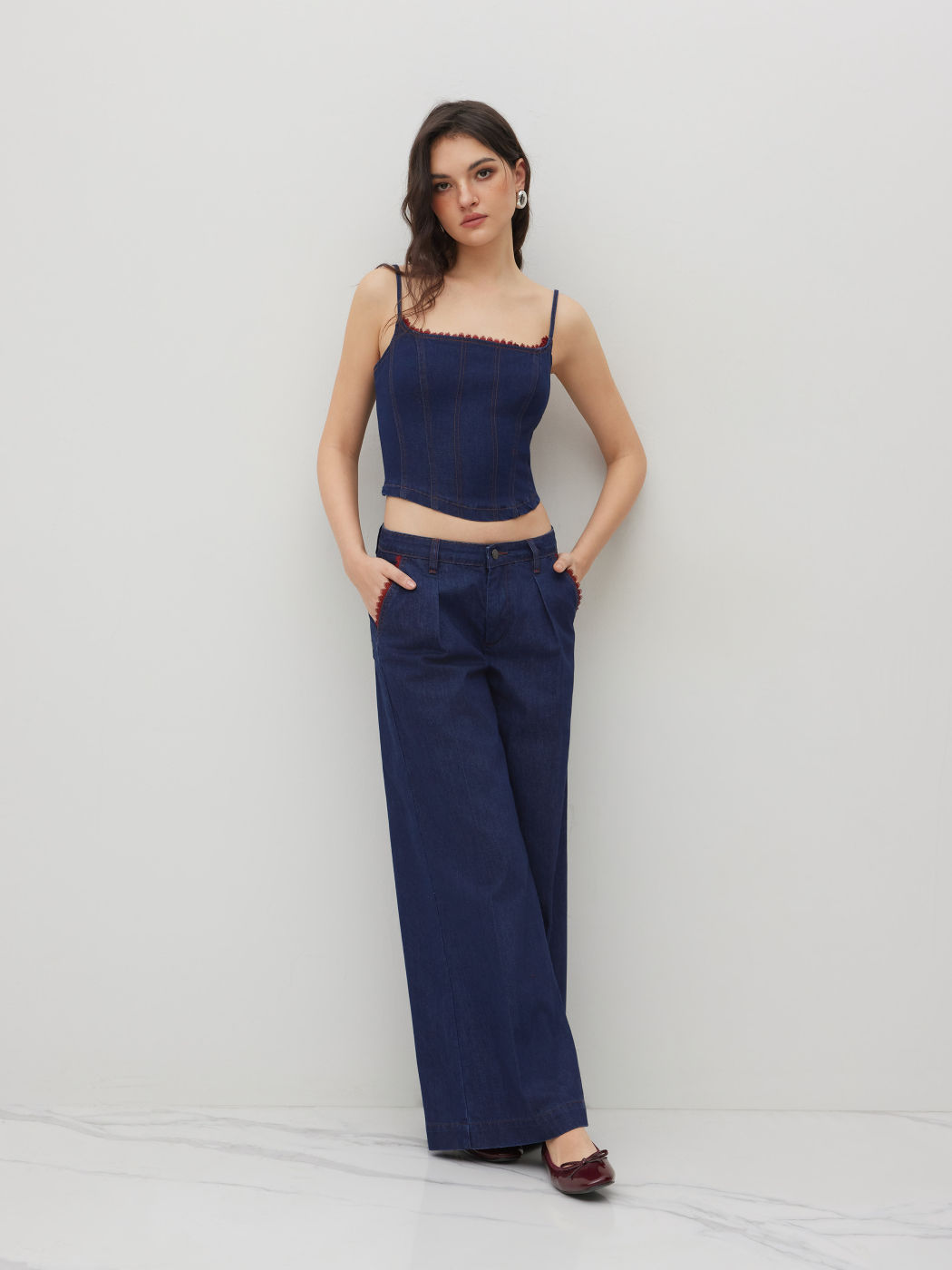 Denim Low Rise Lettuce Trim Wide Leg Jeans