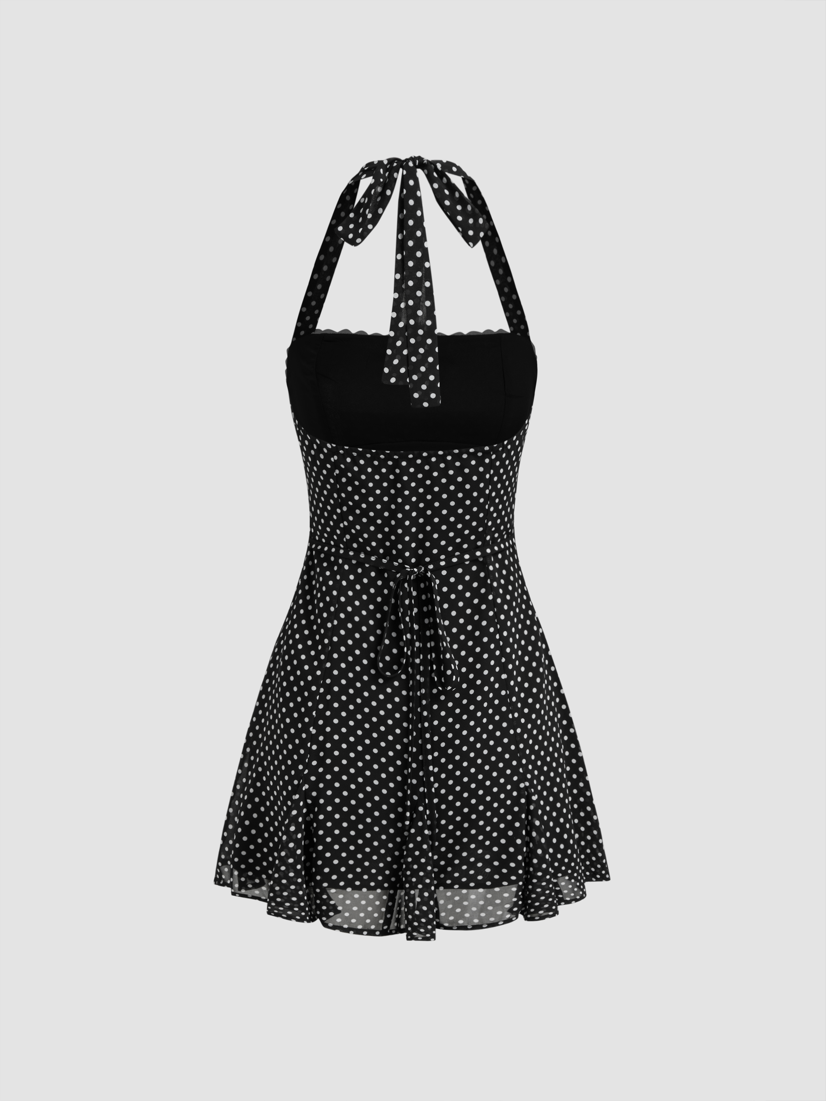Chiffon Chiffon Halter Neckline Polka Dot Knotted Mini Dress