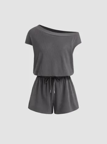 Asymmetrical Neck Drawstring Romper