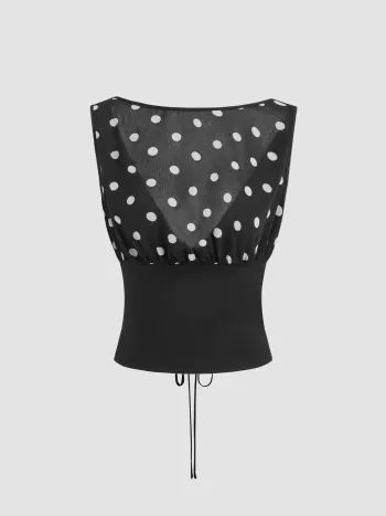 Chiffon Boat Neck Polka Dot Lace Up Tank Top