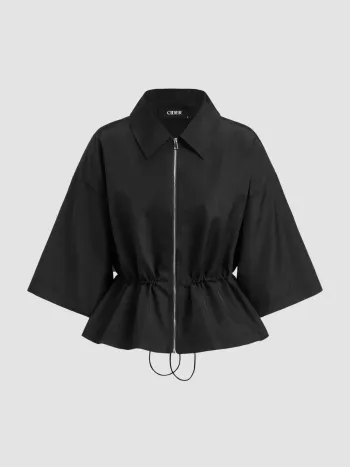 Oversized Collar Elastic Waist Zip Through Jacket