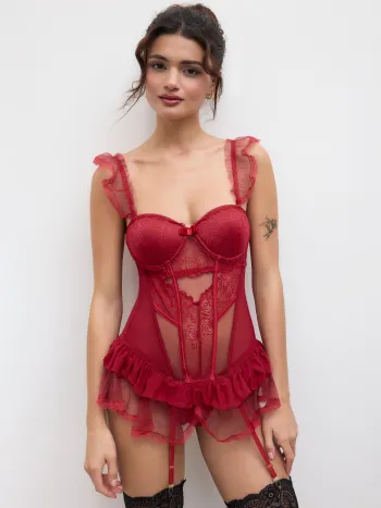 Spitzenblumen-Bows-Rüschen-Korsett-Unterwäsche-Set mit Thong