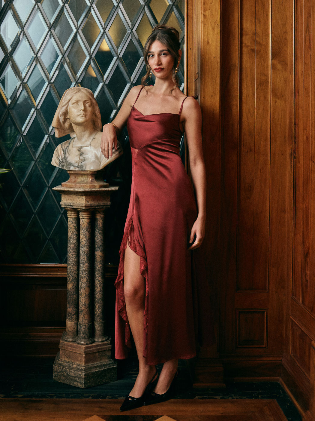 Satin Cowl Neck Lace Split Ruffle Hem Maxi Dress