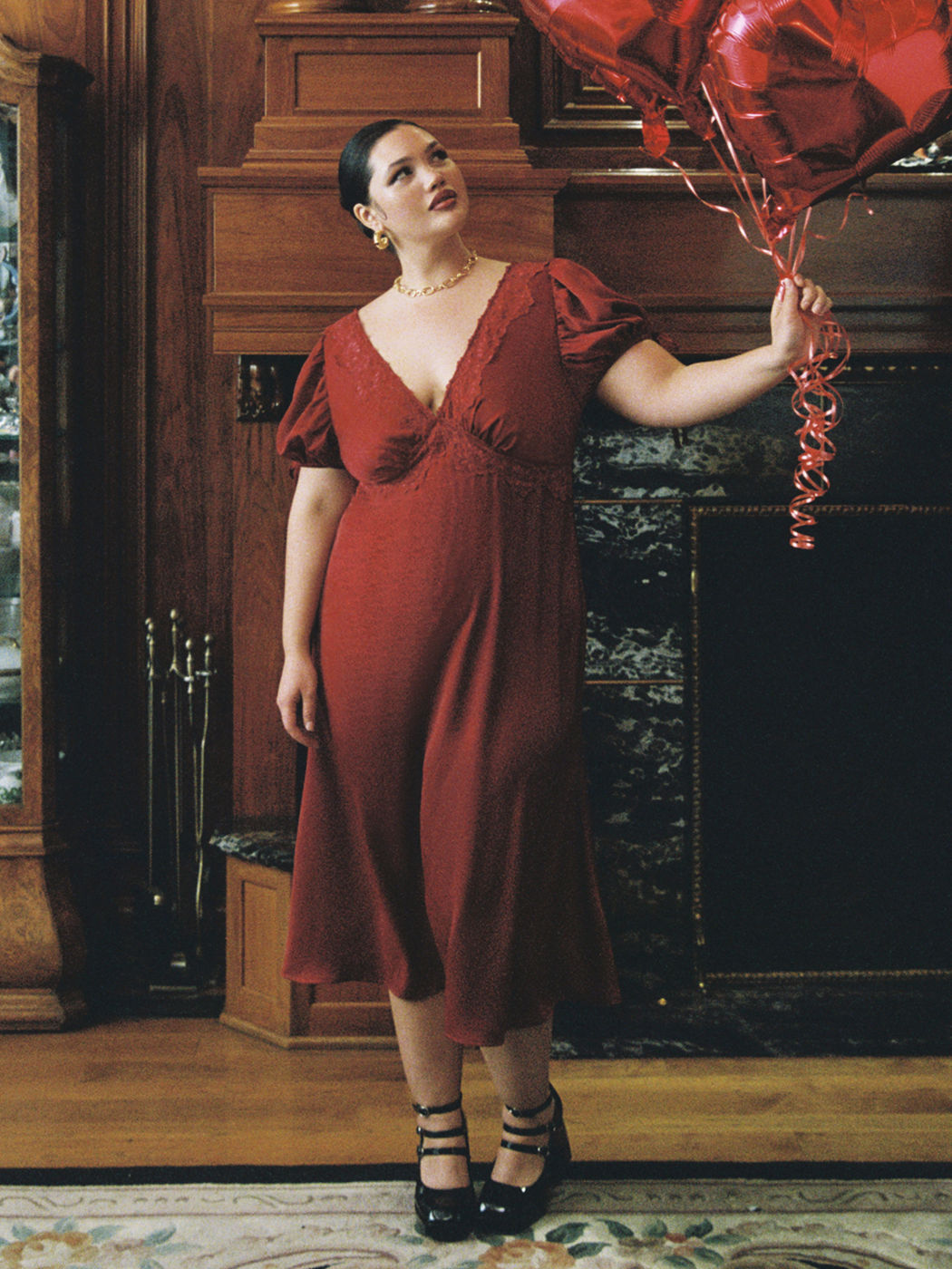 Satin V-neck Lace Puff Sleeve Knotted Maxi Dress Curve & Plus