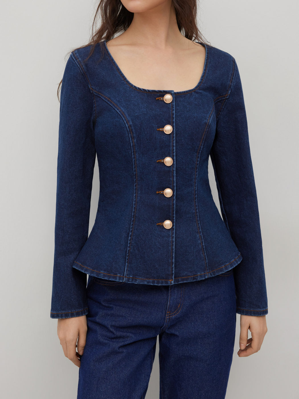 Denim U-neckline Curved Hem Jacket