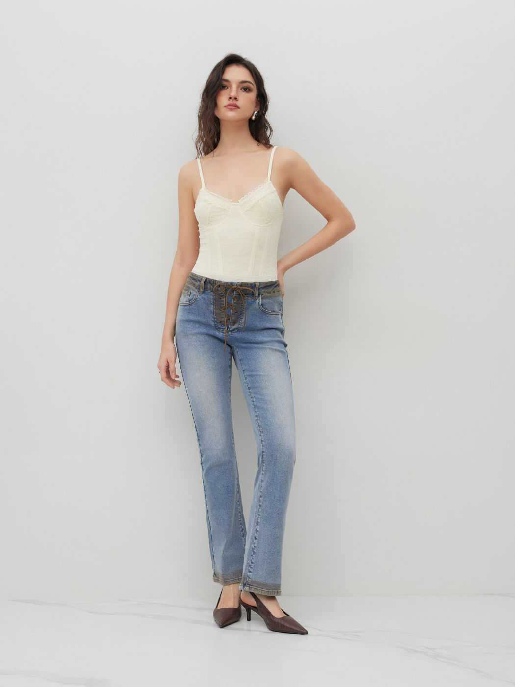 High Stretch Cider Denim Low Rise Lace Up Washed Flared Jeans