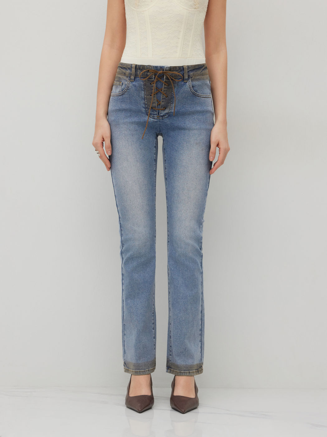 High Stretch Cider Denim Low Rise Lace Up Washed Flared Jeans