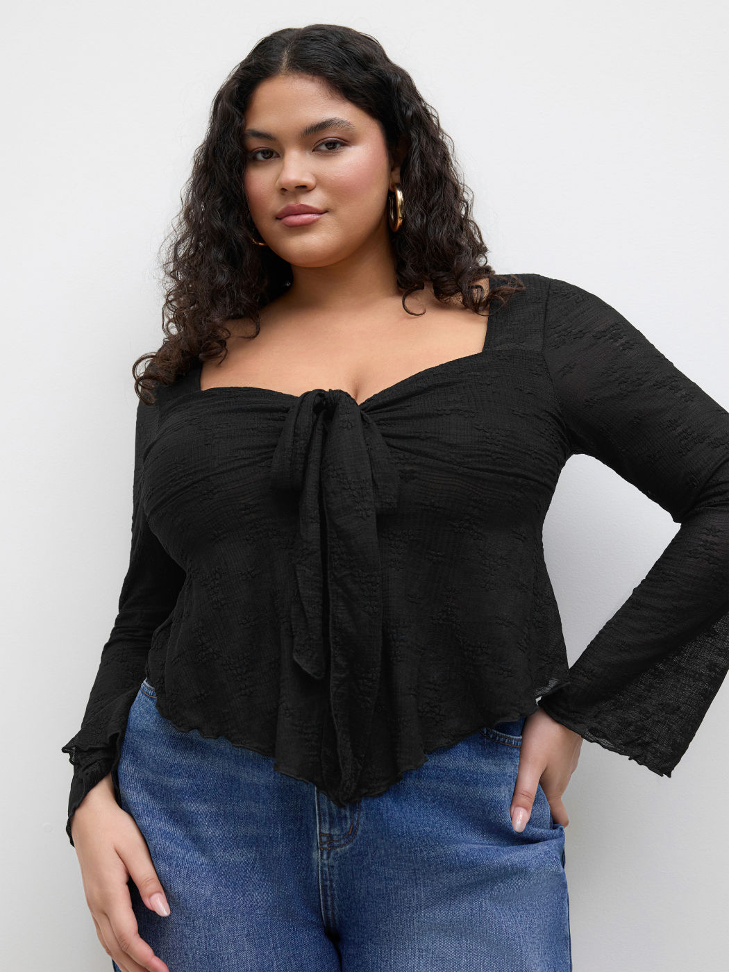 Lace Floral Knotted Long Sleeve Top Curve & Plus