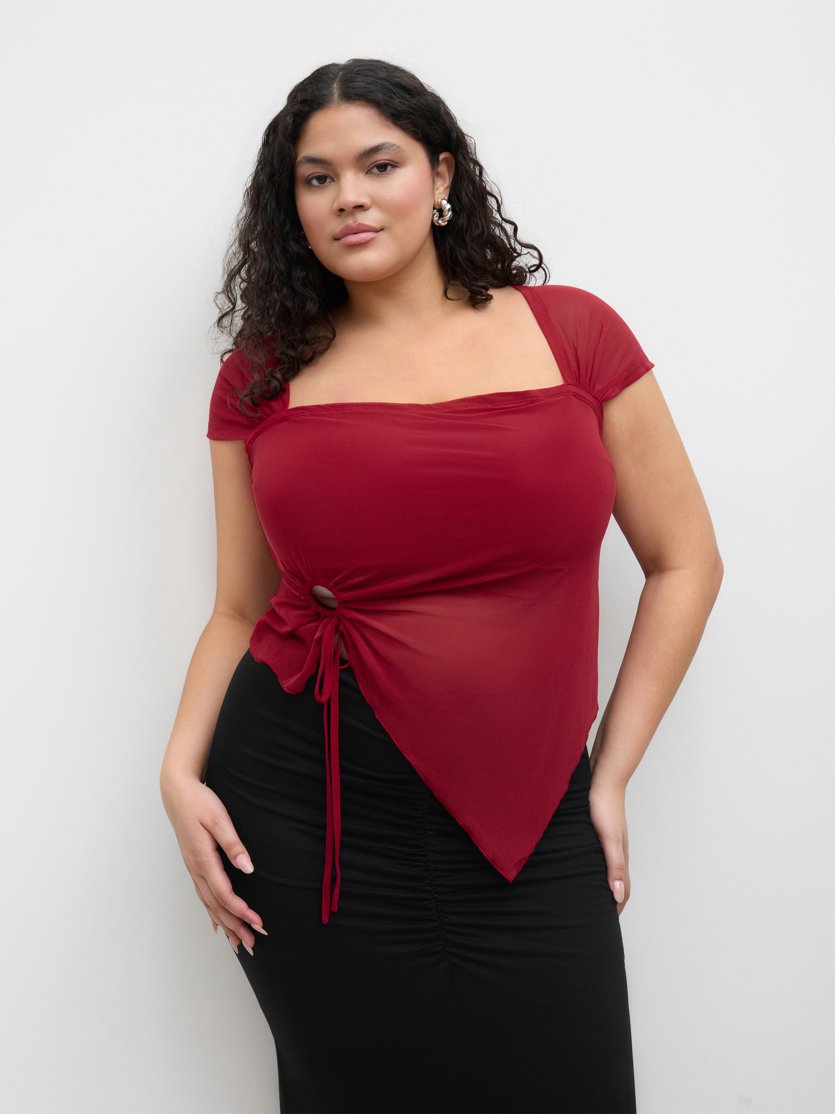 Knit Fabric Square Neck Solid O-ring Asymmetrical Hem Short