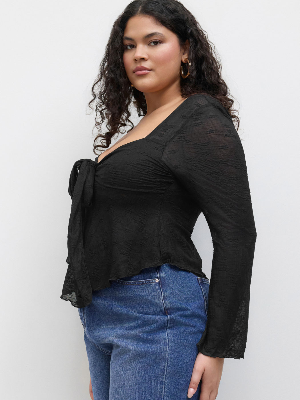 Lace Floral Knotted Long Sleeve Top Curve & Plus