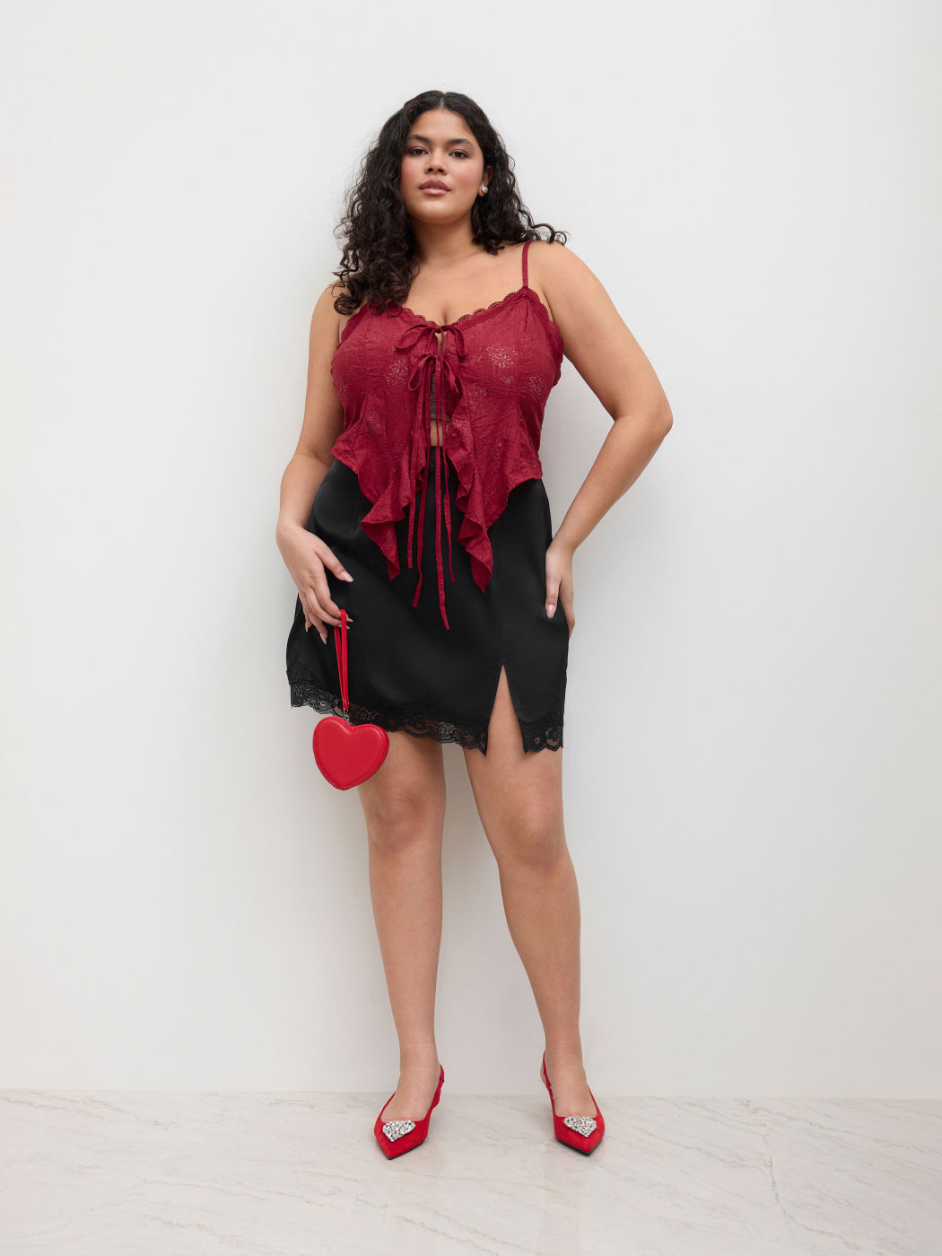 Lace Ruffle Hem Knotted Top Curve & Plus