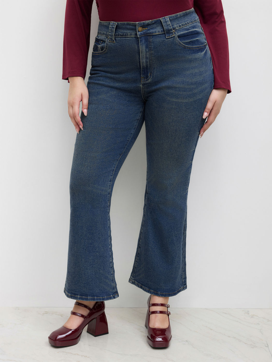 High Stretch Cider Denim Mid Rise Pocket Flared Jeans Curve & Plus