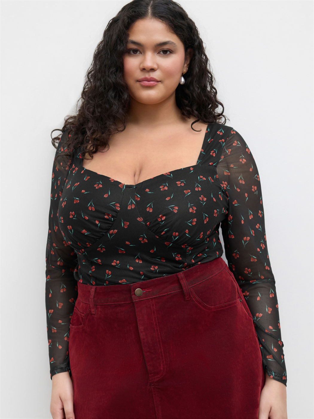 Floral Mesh Sweetheart Crop Top Kurve & Plus