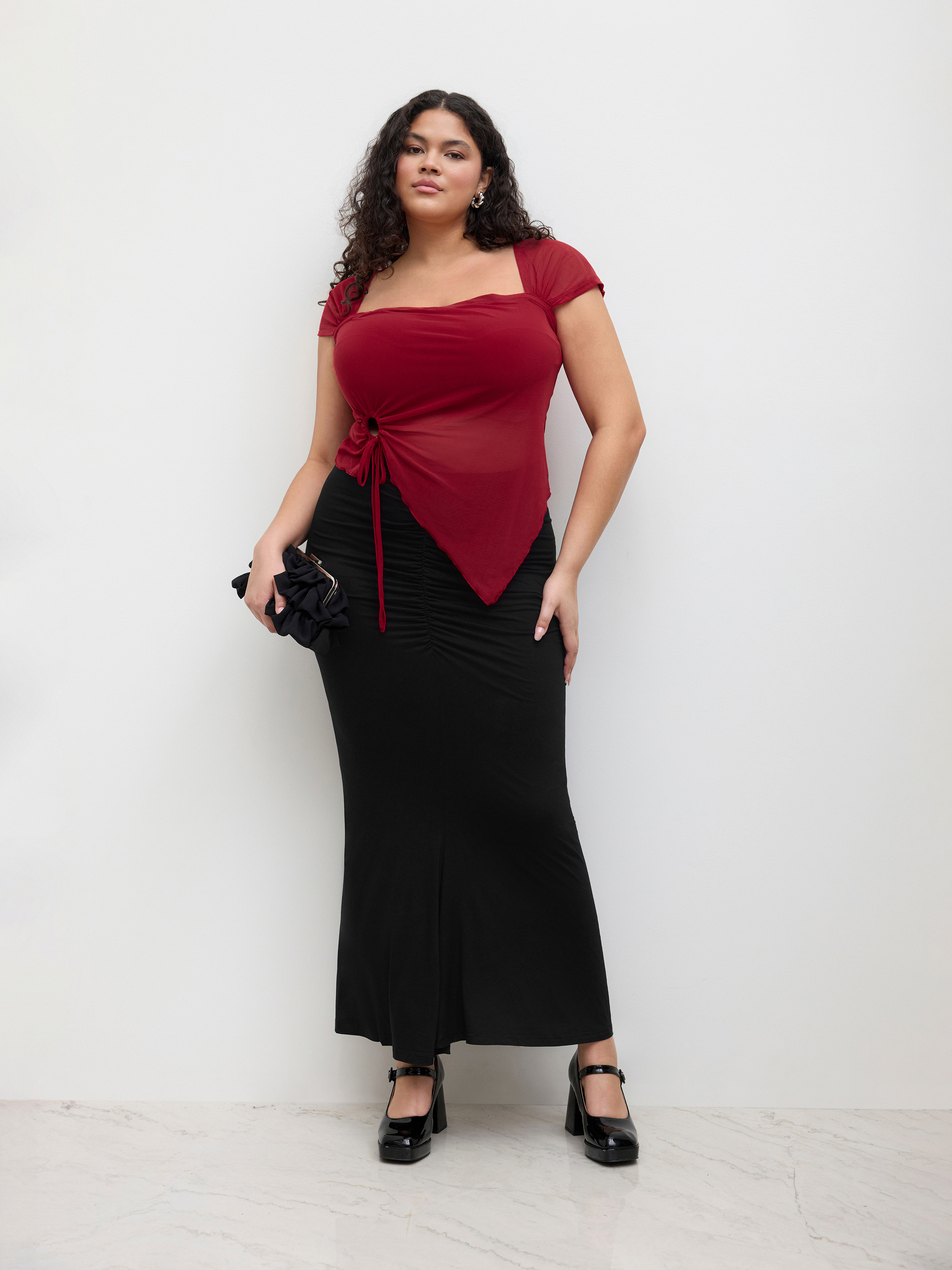 Knit Fabric Mid Rise Solid Ruched Maxi Skirt Curve & Plus